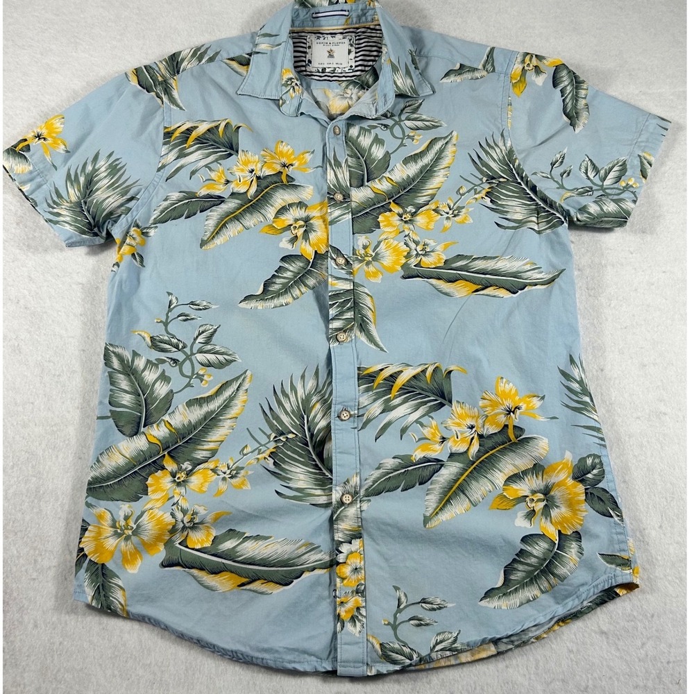 Denim & Flower Ricky Singh Hawaiian Shirt Mens Blue Floral Tropical 100% Cotton